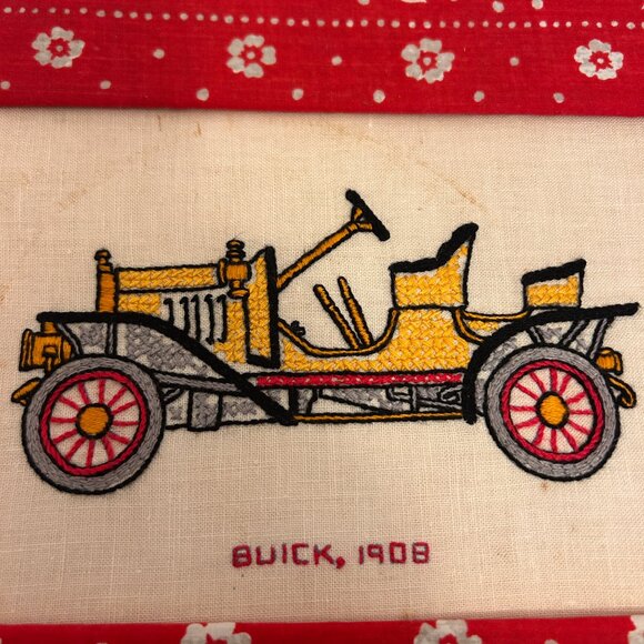 Other - 4-Vintage 1970s Embroidered Classic Cars | Handmade Framed Fabric Pane